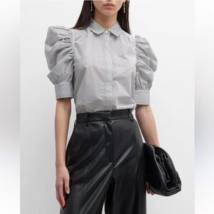 Frame Pinstripe Ruched Puff-Sleeve Shirt In Noir Multi Size XS